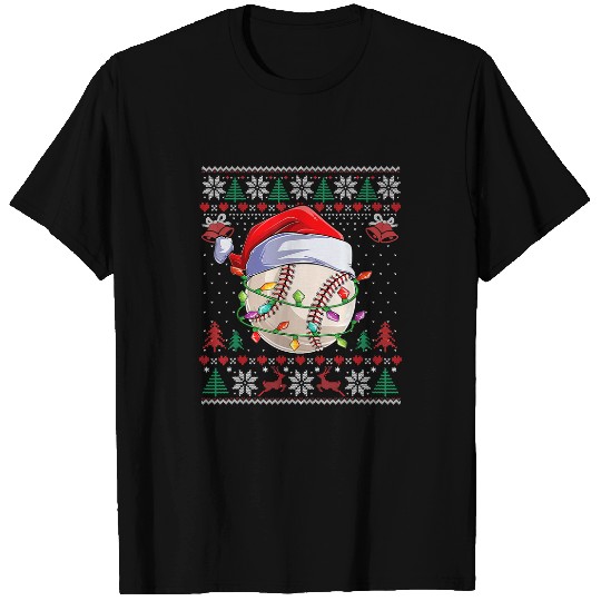 Baseball Santa Hat xmass Lights Baseball Mom Ugly Christmas T-Shirts