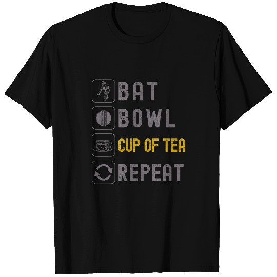 Bat Bowl Cup Of Tea Repeat Funny Cricket Fan Batsman Wicket T-Shirts