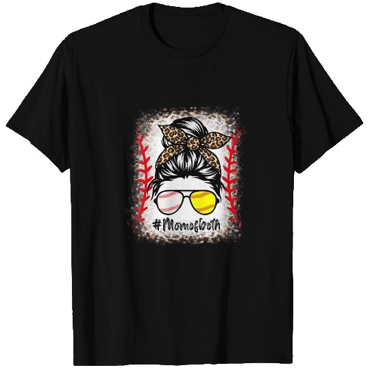Bleached Mom of Both Baseball Mom Leopard Messy Bun Player T-Shirts