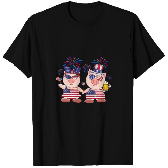 Couple Cute Pigs Sunglasses 4th Of July Drinking Beer Lover T-Shirts