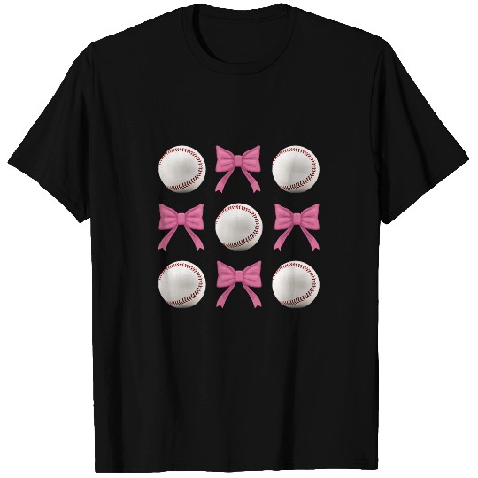 Funny Baseball Boys Girls Baseball Mom Tee Pink Bow Baseball T-Shirts