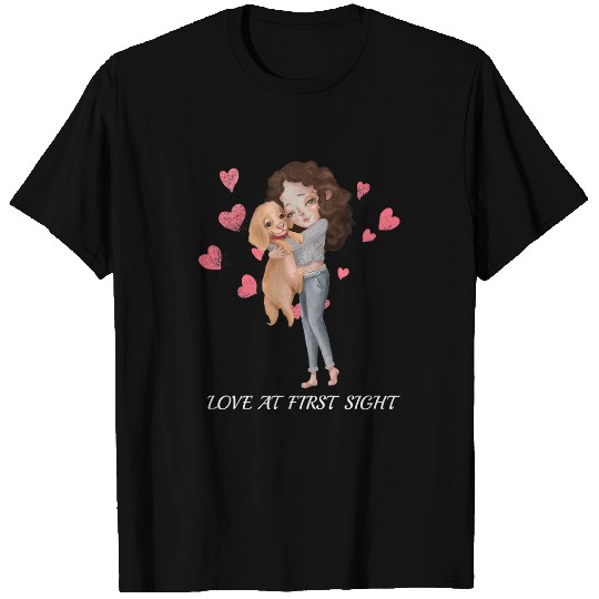 Dog Spaniel Puppy Love Cute Girl Hugs Watercolor Design Art T-Shirts