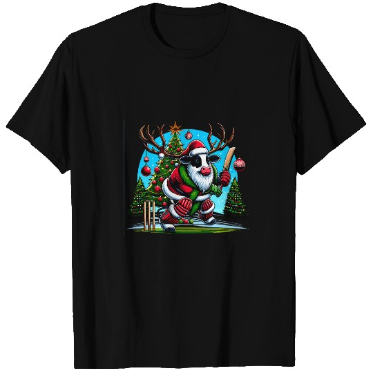 Funny Cow Play Cricket Reindeer Christmas T-Shirts