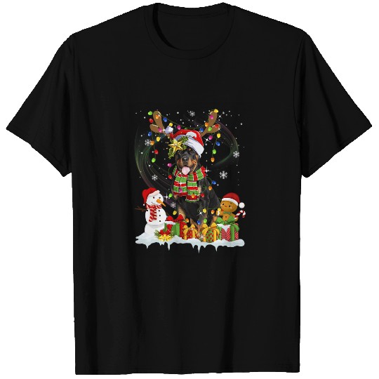 Dog Rottweiler Reindeer Christmas Tree Lights Funny Dog Xmas T-Shirts
