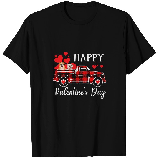 Couple English Bulldog Happy Valentines Day Red Truck Hearts T-Shirts