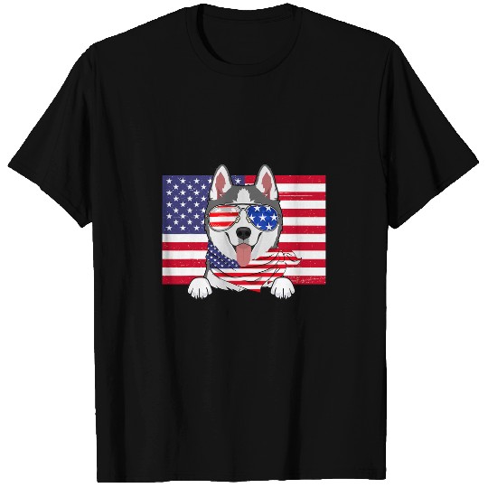 Dog Husky Vintage American Flag 4th of July Husky Dad Mom Dog Lover T-Shirts