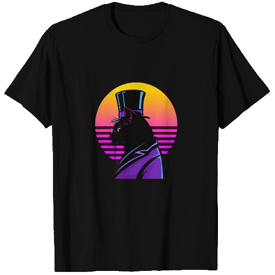 Cat in Purple Tuxedo Top Hat and Eye Glass in Sunset T-Shirts