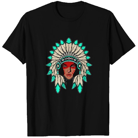 Indian Native American Warrior Woman With Headdress T-Shirts