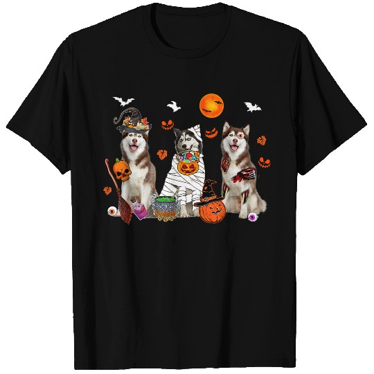 Dog Husky Three Husky Dogs Witch Scary Mummy Halloween Zombie Lover T-Shirts