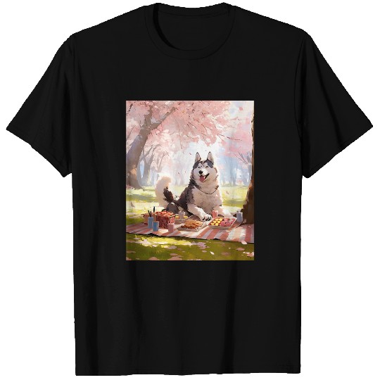 Husky Cherry Blossom Funny Dog Picnic T-Shirts