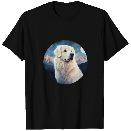 Great Pyrenees Dog Under Moon Snowy Mountain Sunset T-Shirts