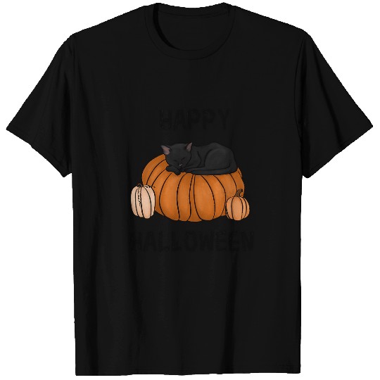 Cat Sleeping on Pumpkin Halloween T-Shirts