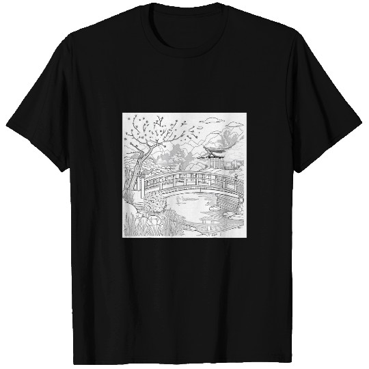elegant Black and White Art Riverside blossom bridge T-Shirts