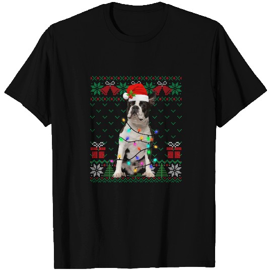 Cute Boston Terrier Dog Santa Hat Ugly Sweater xmass Lights T-Shirts