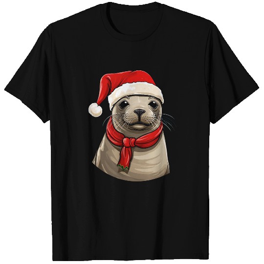 Cute Mediterranean Monk Seals Wearing Santa Hat Funny Animal T-Shirts
