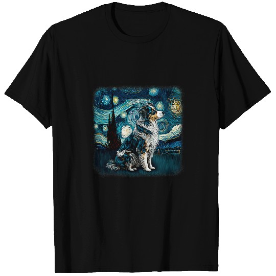 Dog in starry night van gogh aussie mini Australian Shepherd T-Shirts
