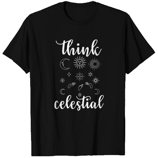 THINK CELESTIAL Celestial Moon Phase Moth Crystals Stars T-Shirts