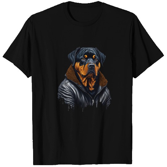 Cute Funny Black Rottweiler Dog Wearing Leather Clothes T-Shirts