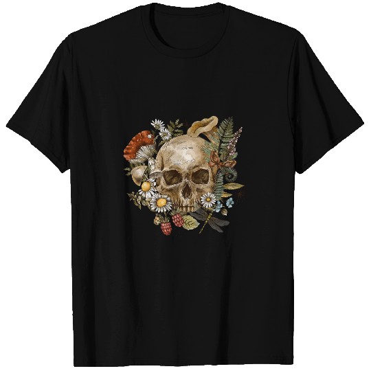 Tattoo Style Skull with Flowers Dragonfly Berries Mushrooms T-Shirts