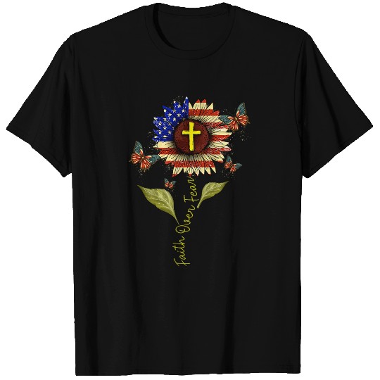 Sunflower Butterfly USA Flag Faith Over Fear Jesus Christian T-Shirts