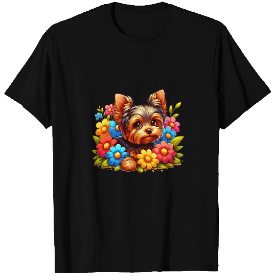 Cute Yorkie Puppy Colorful Spring Flowers Yorkshire Terrier T-Shirts