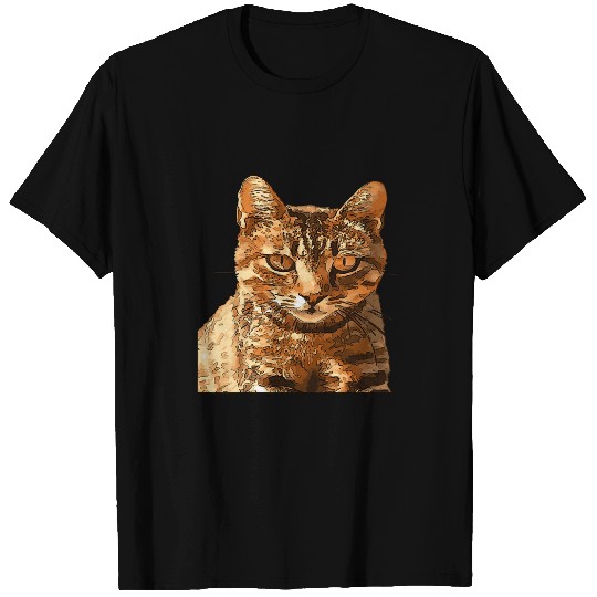 Gorgeous Tabby Cat With Staring Eyes Black Outline Art T-Shirts
