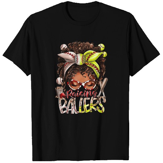 Raising ballers Afro Mom of both Softball Baseball Messy Bun T-Shirts