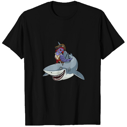 Pirate Parrot Riding A Shark I Violet Indian Ringneck T-Shirts