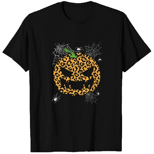 Womens Halloween Spider Webs Cheetah Pumpkin T-Shirts