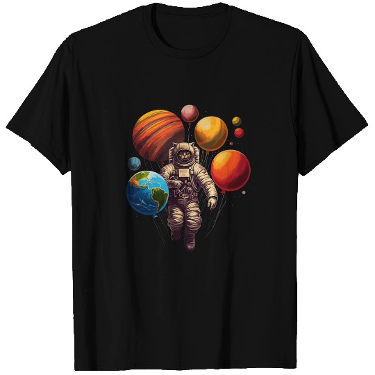 Solar System Planet Balloons Cat Astronaut Space Themed T-Shirts