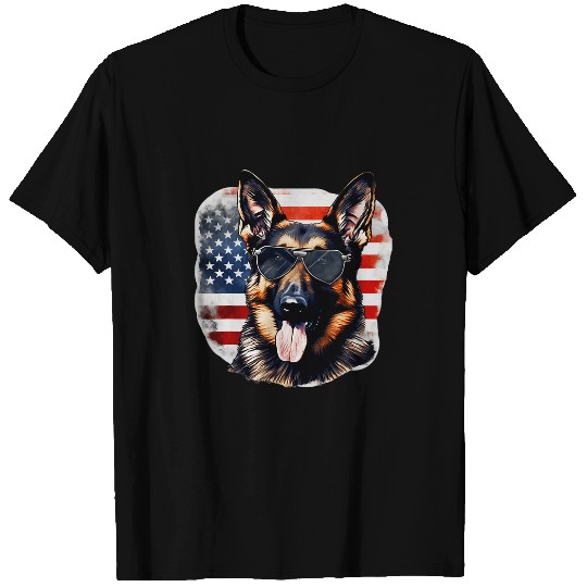German Shepherd American Flag Sunglasses Patriotic July 4th T-Shirts