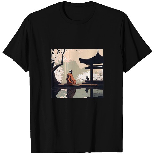 Monk meditating Japanese garden shrine Cherry blossoms Pond T-Shirts