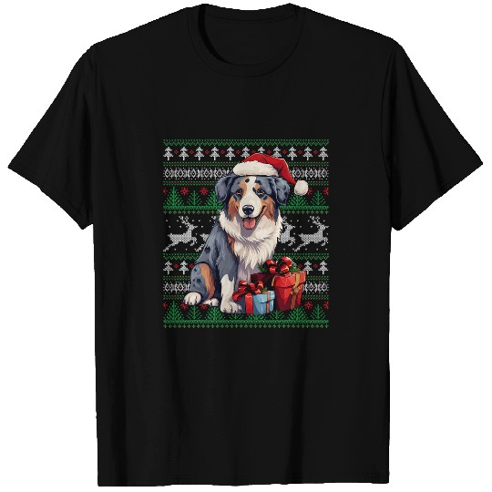 Funny Ugly Christmas Australian Shepherd Santa Claus Design T-Shirts