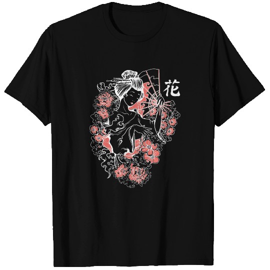 Japanese Cherry Blossom Geisha Art Graphical Tee Inverted T-Shirts