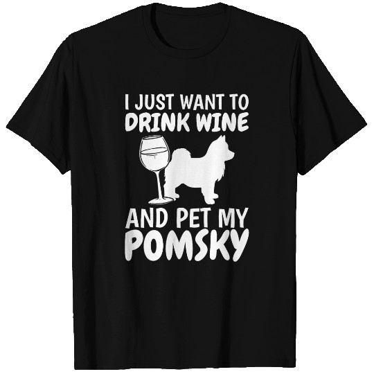Pomsky Dog Mom And Dad And Wines Drinker T-Shirts