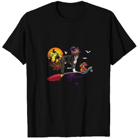 Halloween Boston Terrier Wearing Witchs Hat On Broomstick T-Shirts