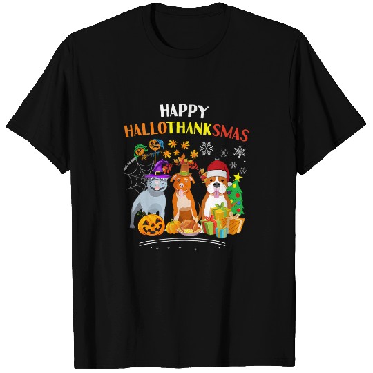 pitbull Dog Halloween merry christmas happy Hallothanksmas T-Shirts
