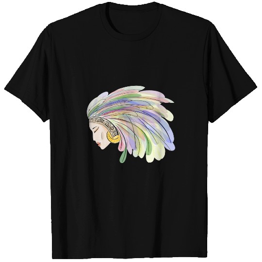 Native American Girl with Feathers Hearstyle modern art T-Shirts