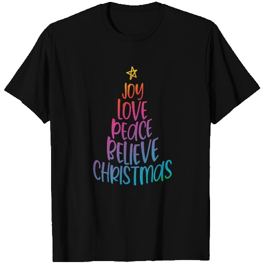 Joy Love Peace Believe Christmas Tree Word Art Christian T-Shirts