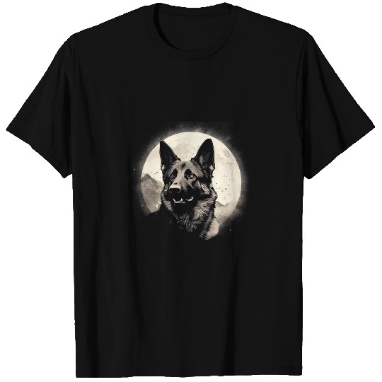 German Shepherd With Full Moon in Background Dog Lovers T-Shirts