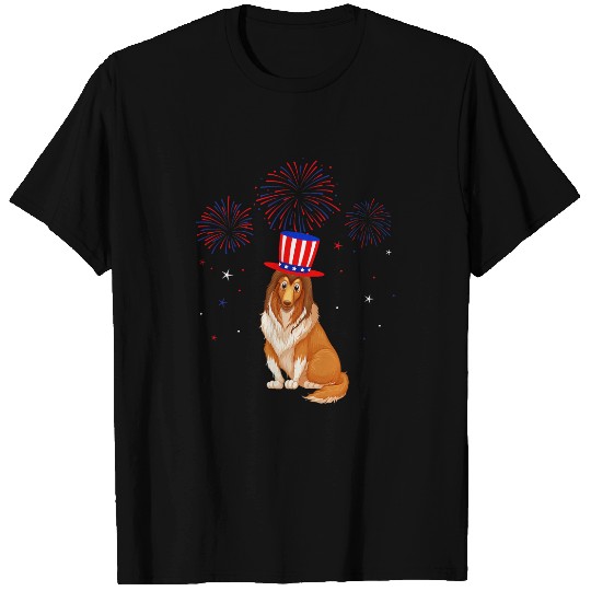 Rough Collie Dog Red White Blue Fireworks Decor 4th Of July T-Shirts