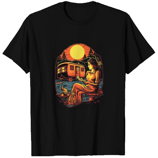 Teardrop Trailer Camper Girl Woman Reading Book RV Camping T-Shirts