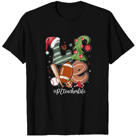 LOVE Santa Hat Football Baseball PE Teacher Life Christmas T-Shirts
