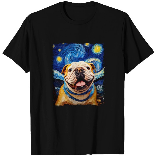 Selfie English Bulldog Starry Night Painting Van Gogh Funny T-Shirts
