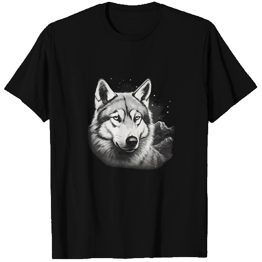 Siberian Husky With Full Moon in Background Dog Lovers T-Shirts
