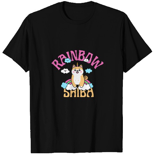 Shiba Inu Unicorns Kawaii Illustration With Rainbow And Cloud 3 T-Shirts