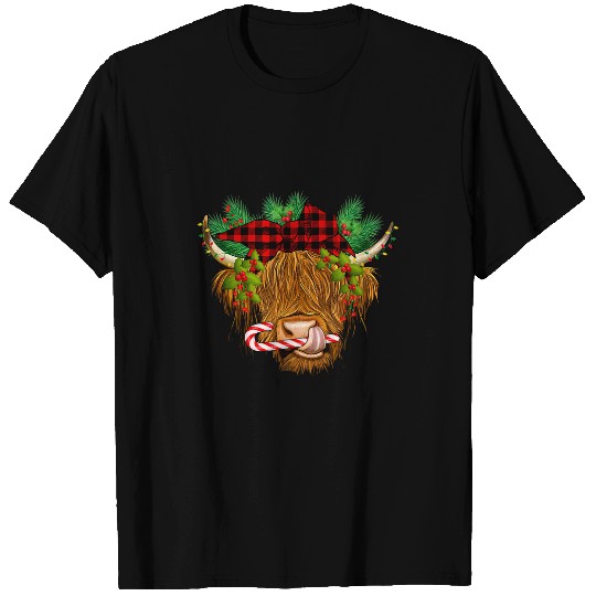 Highland Cow Red Plaid Candy Cane Cow Lover Mooey Christmas T-Shirts