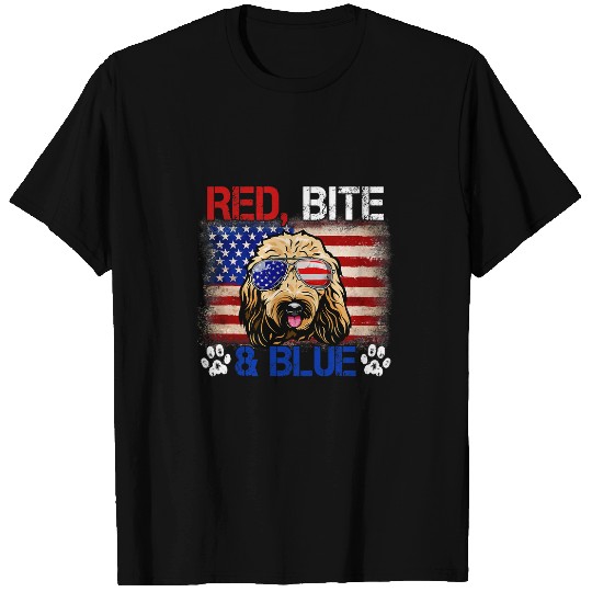 Dog Goldendoodle Red Bite Blue Dog 4th Of July Goldendoodle USA Flag T-Shirts