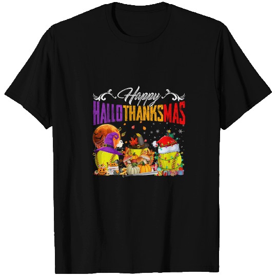 Witch Pilgrim Santa Softball Balls Happy HalloThanksMas Boys T-Shirts