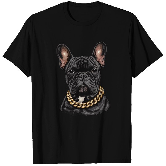 Stylish French Bulldog with Golden Chain Collar Necklace T-Shirts